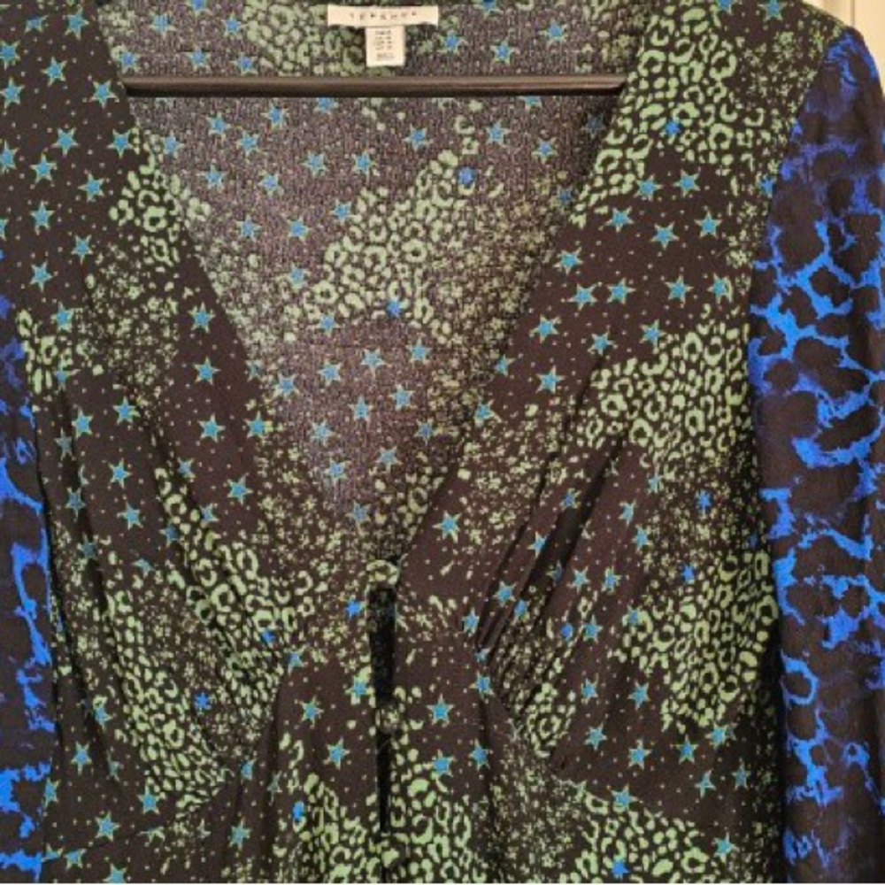TOPSHOP Tall Animal & Star Print V Neck Midi Dress Green\Blue Viscose Size 10 - Picture 6 of 10